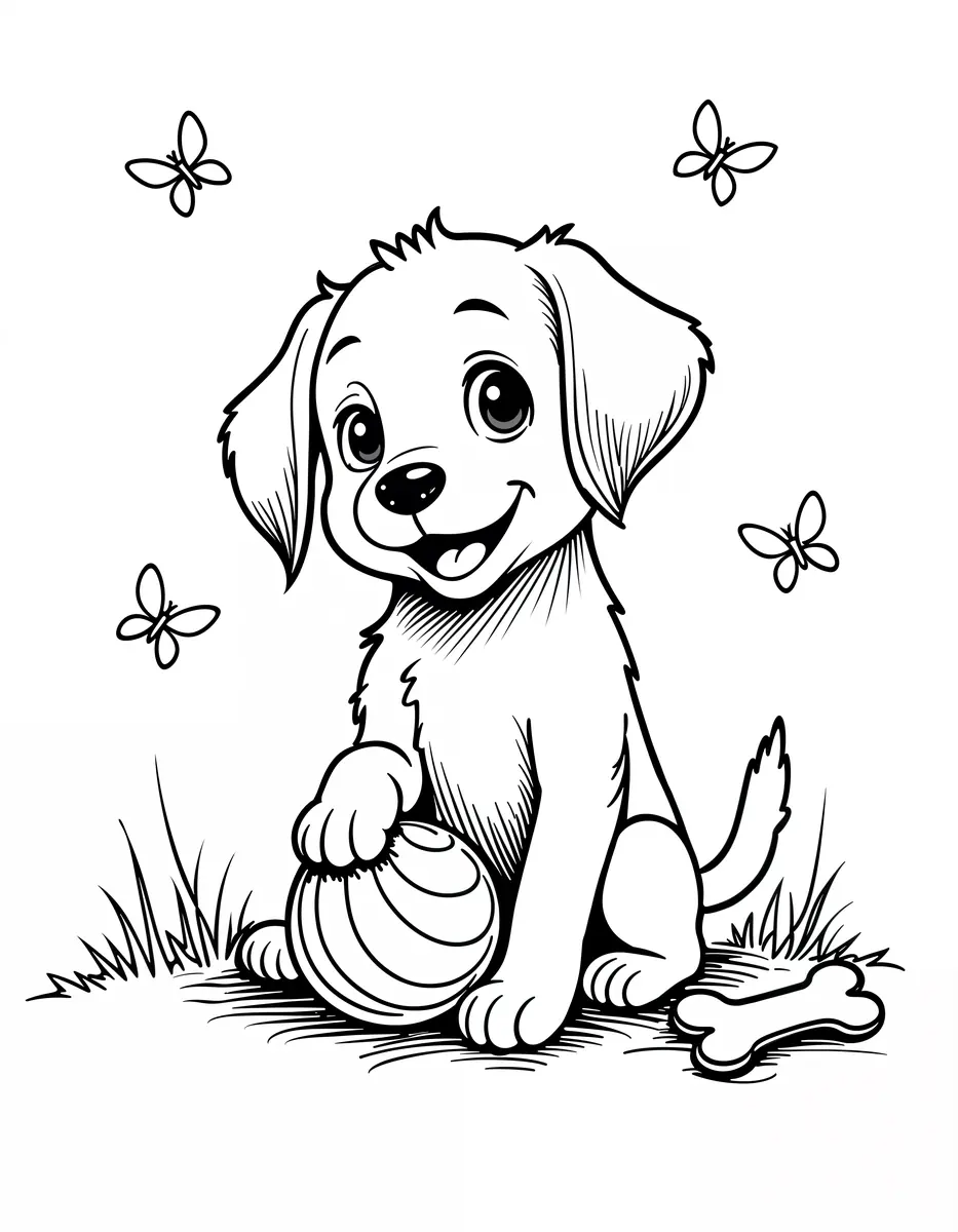 Coloriage chiot joueur avec balle, os et papillons à imprimer