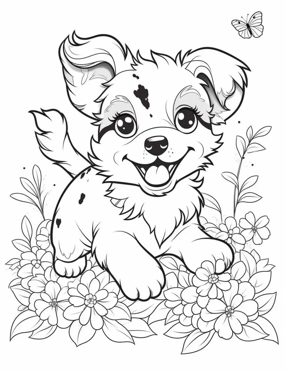 Coloriage chiot kawaii aux grands yeux dans un parterre de fleurs à imprimer
