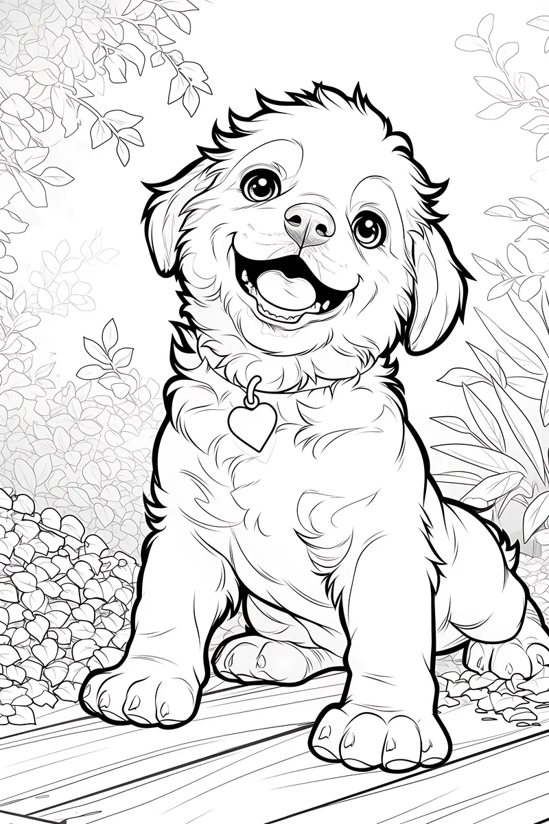 Coloriage chiot tout poilu avec médaillon coeur assis sur une terrasse à imprimer