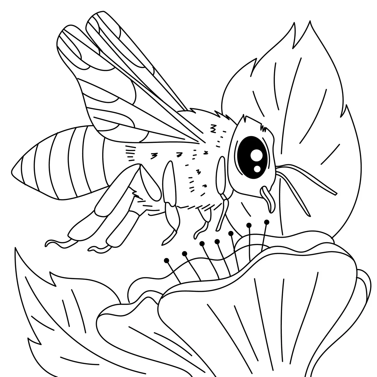 Coloriage detaille abeille posee sur une grande fleur a imprimer