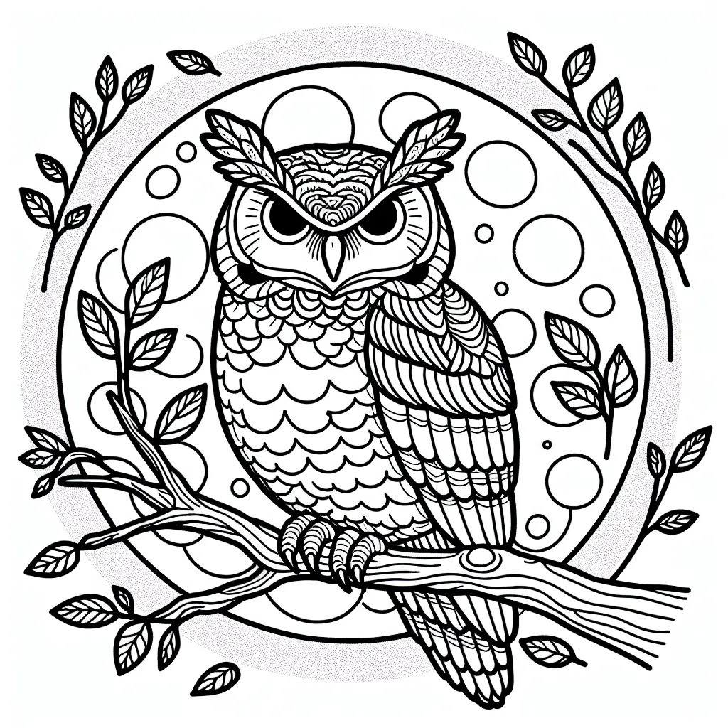 coloriage hibou grand-duc perche sous la lune a imprimer