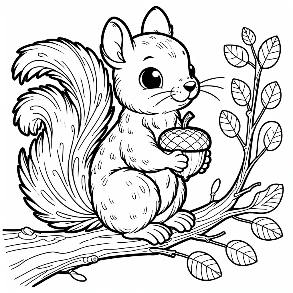 coloriage ecureuil avec un gland sur une branche a imprimer