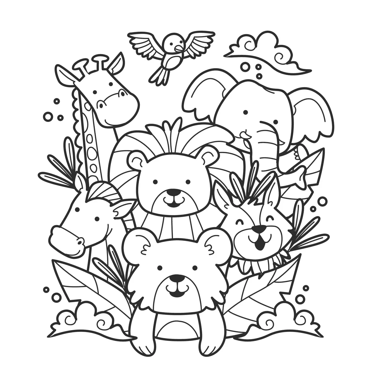 Coloriage animaux mignons de la jungle girafe ours éléphant à imprimer