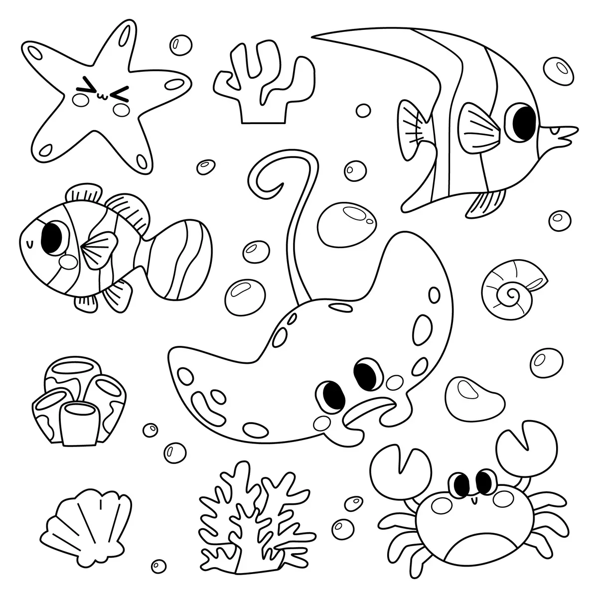 Coloriage animaux marins kawaii étoile de mer et crabe à imprimer