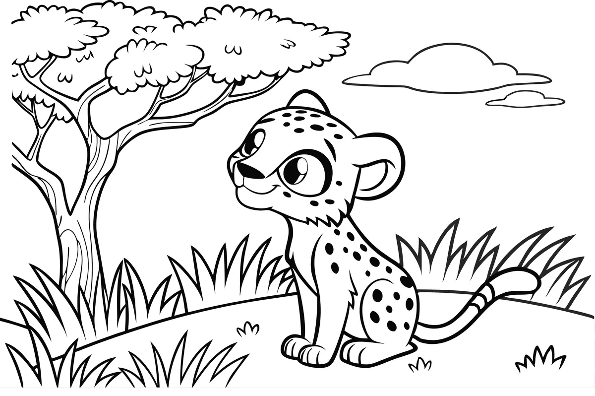 Coloriage bébé guépard avec taches sous un acacia dans la savane à imprimer