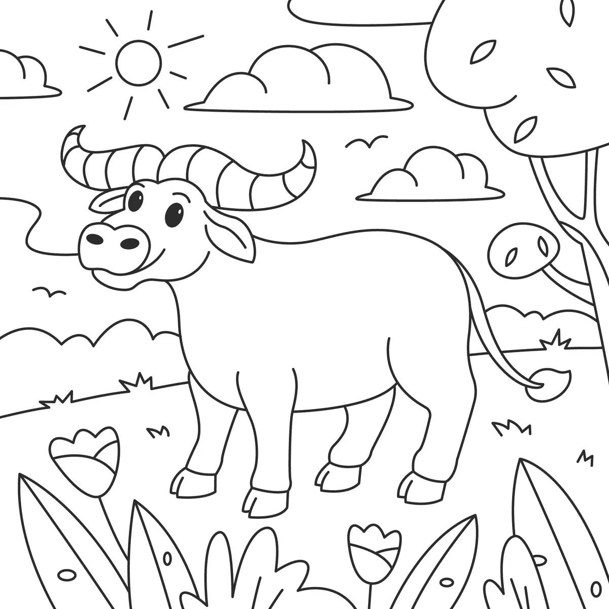 Coloriage grand bovin avec grandes cornes dans la prairie à imprimer
