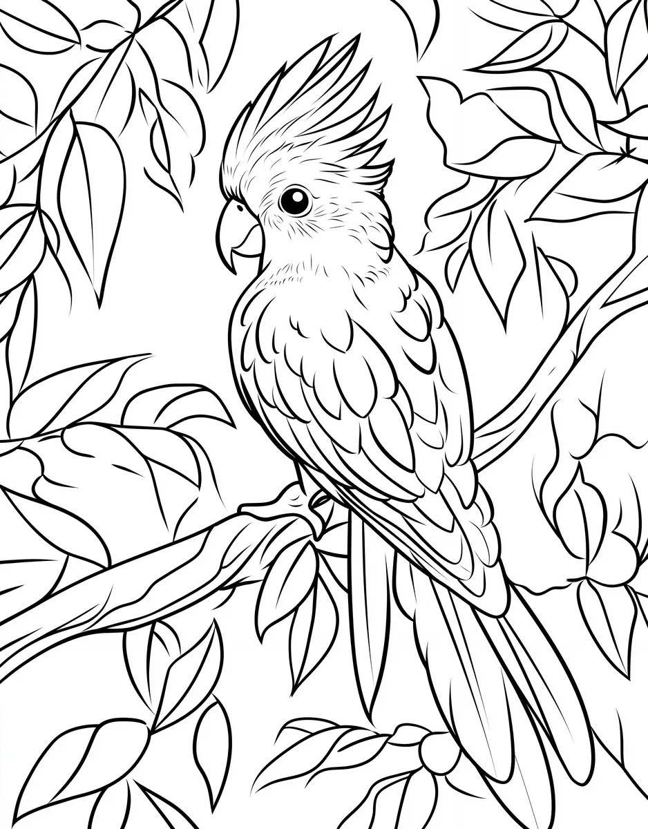 Coloriage cacatoès à huppe avec feuilles tropicales à imprimer