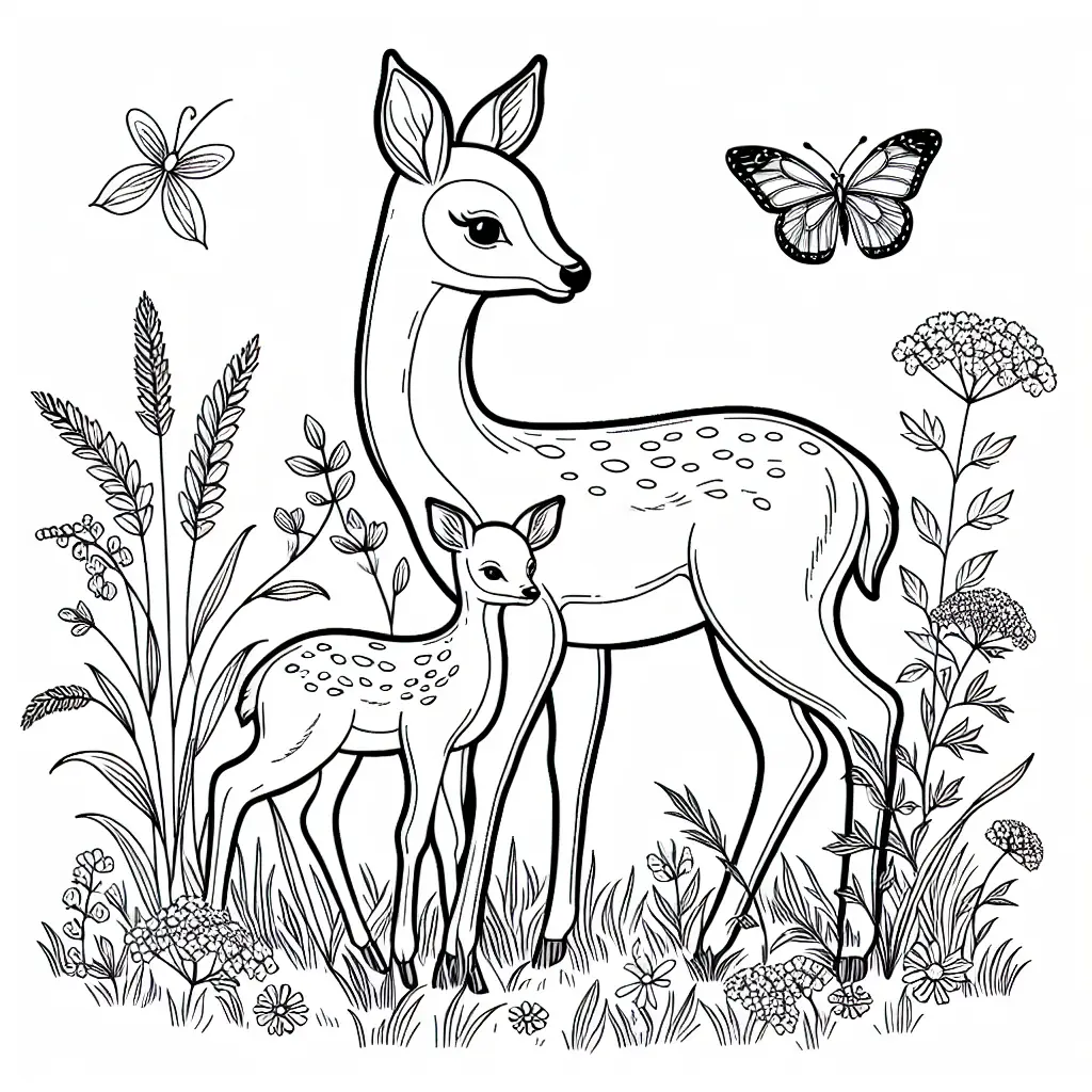 coloriage biche et faon dans une prairie a imprimer