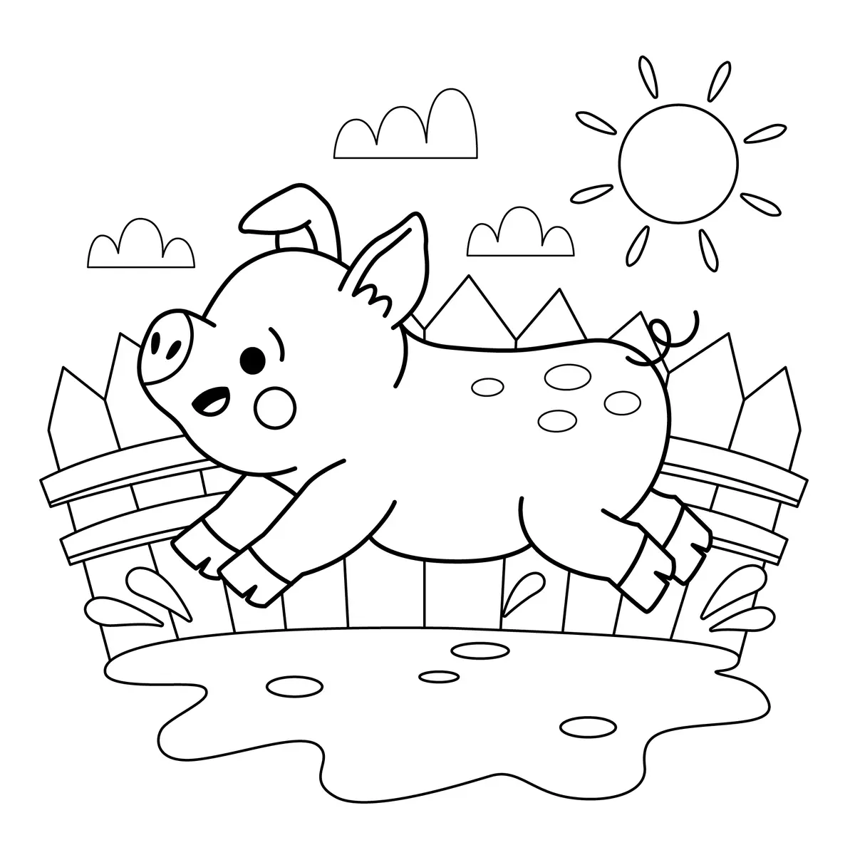 Coloriage petit cochon qui saute par-dessus une flaque de boue à imprimer