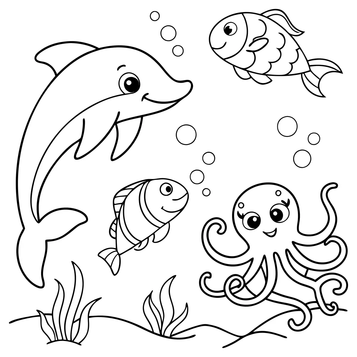 Coloriage scène marine dauphin poisson et poulpe à imprimer