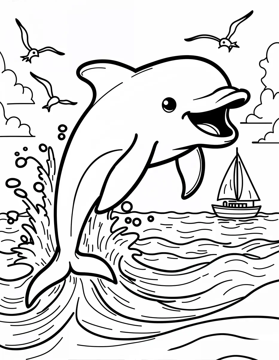 Coloriage dauphin qui saute hors de l’eau avec voilier et mouettes à imprimer