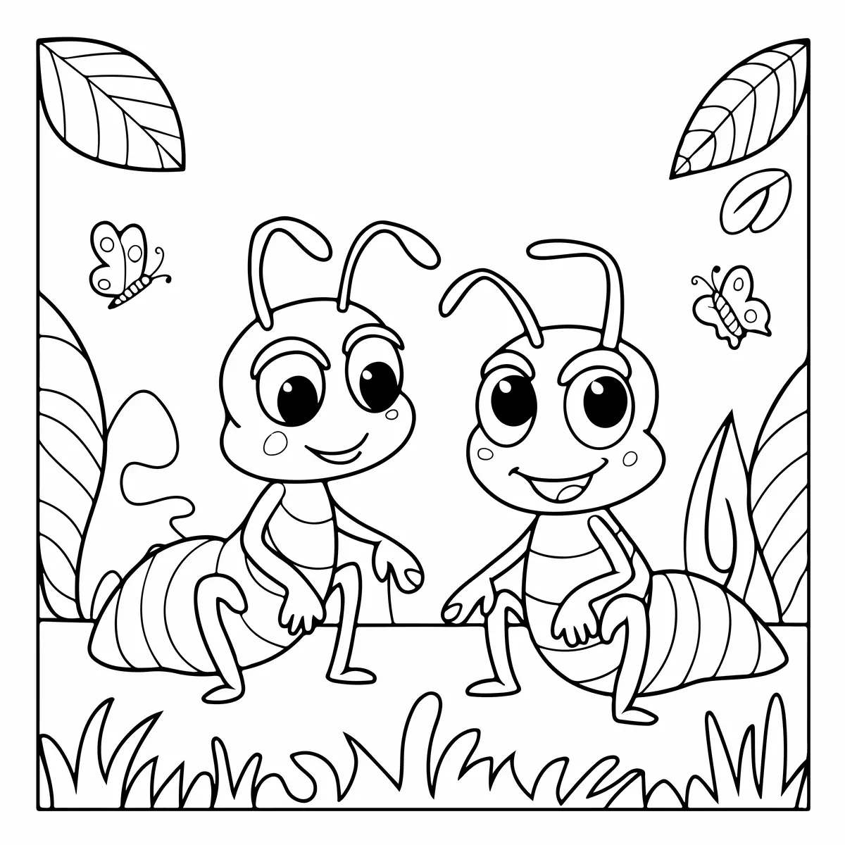 Coloriage deux fourmis mignonnes assises au jardin avec papillons et feuilles a imprimer