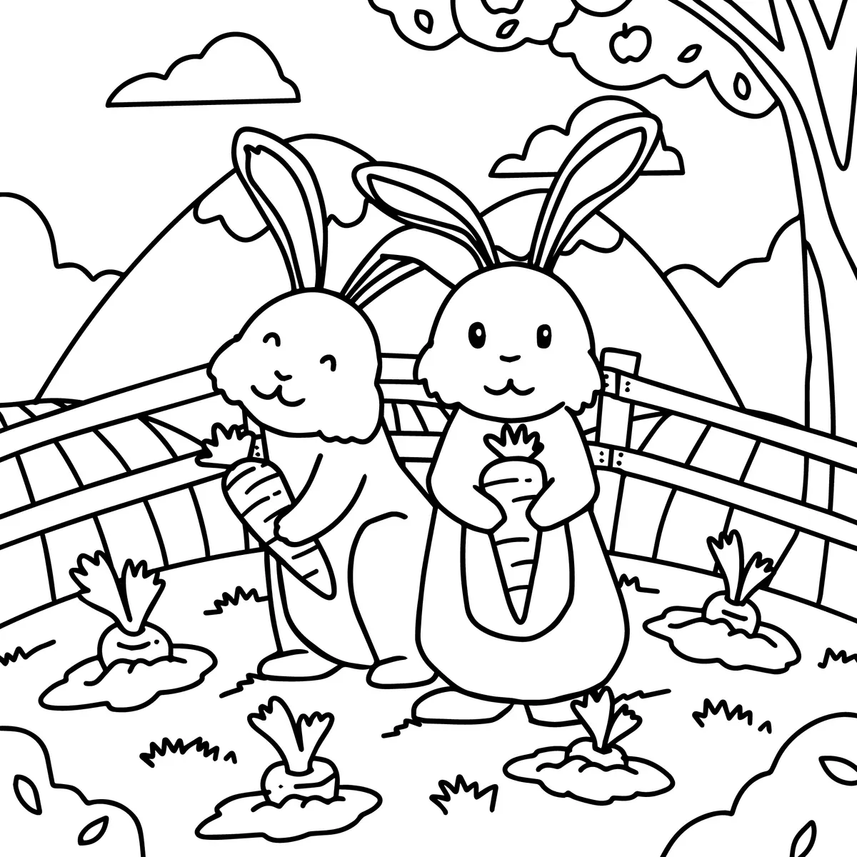 Coloriage deux lapins avec carottes dans le potager de la ferme à imprimer