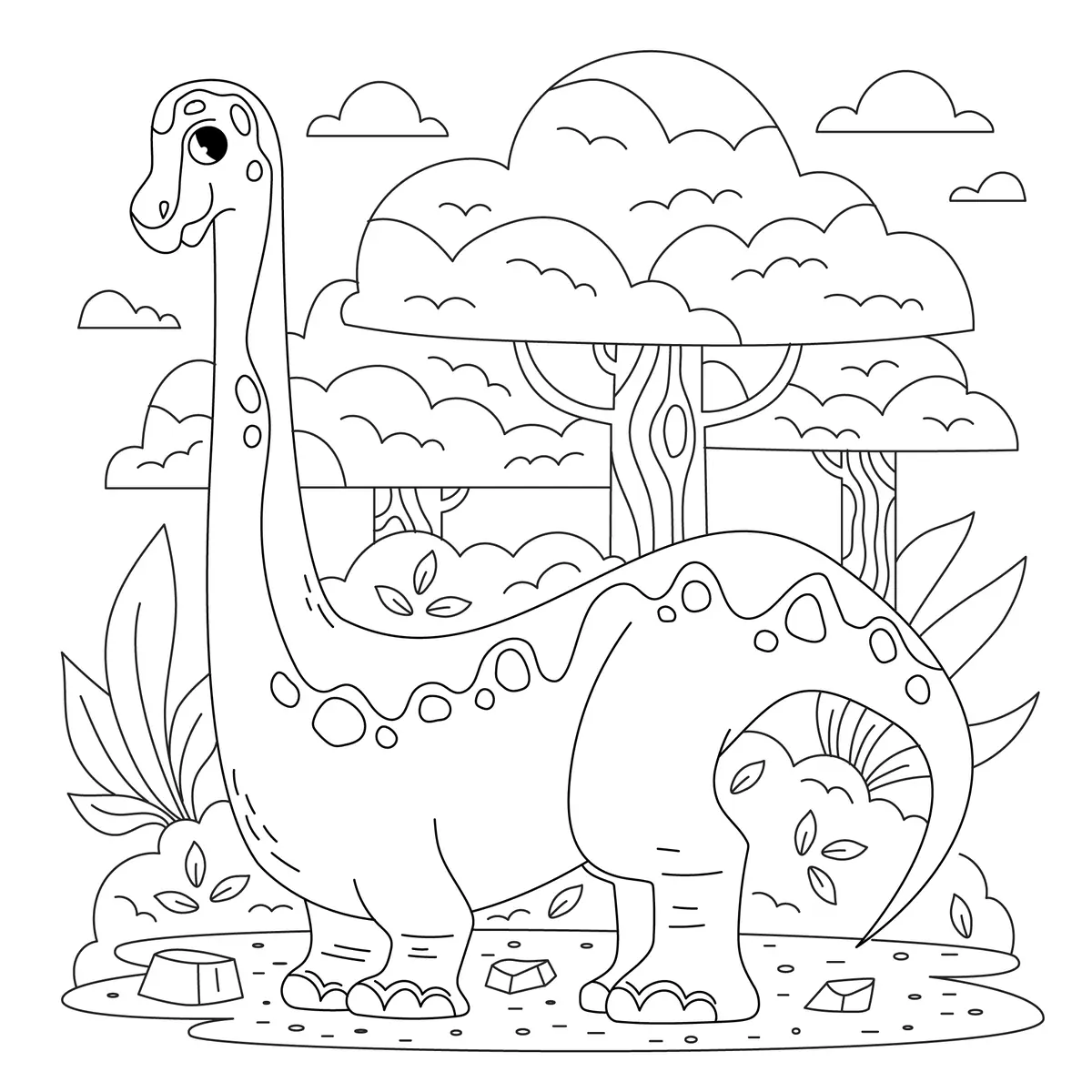 Coloriage diplodocus au long cou dans la forêt à imprimer