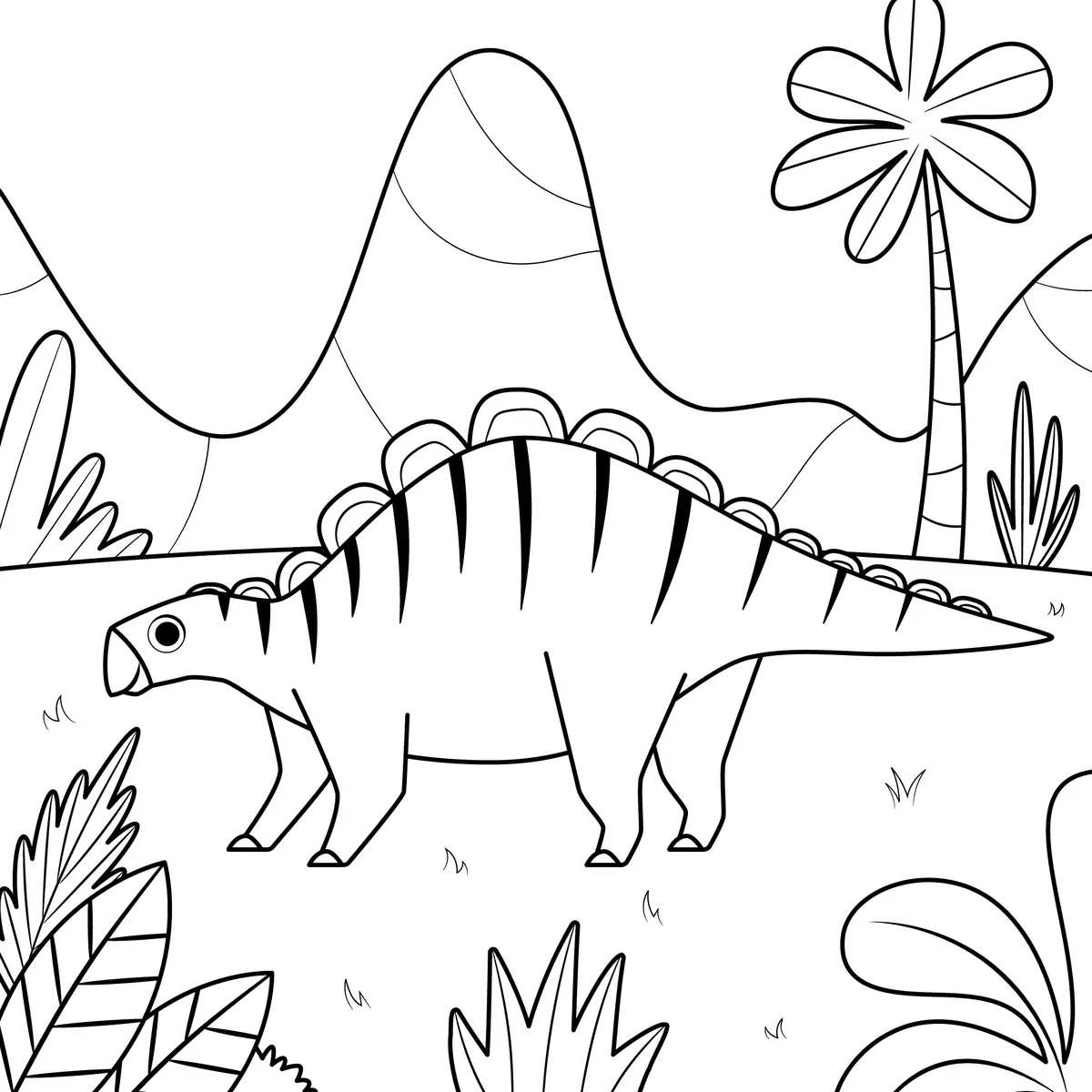 Coloriage stégosaure devant les montagnes à imprimer