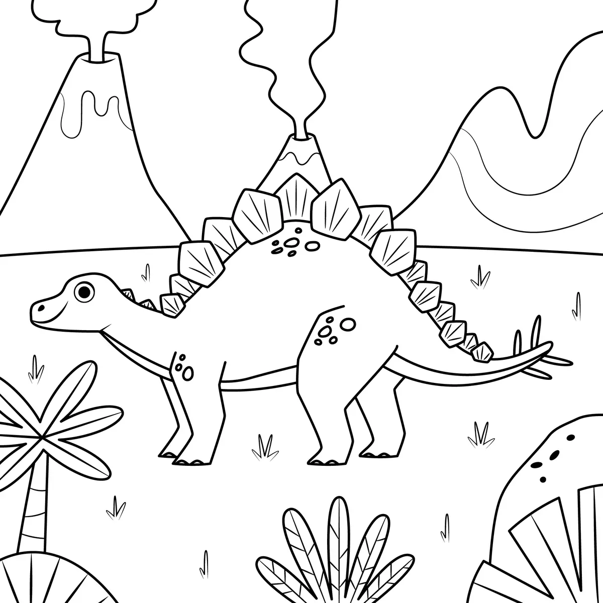 Coloriage stégosaure entre deux volcans à imprimer