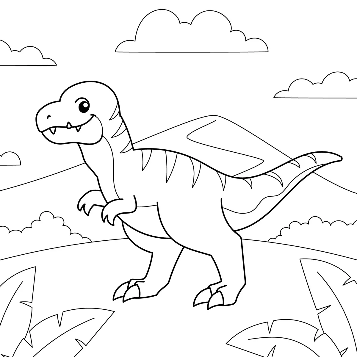 Coloriage T-Rex dans le paysage préhistorique à imprimer