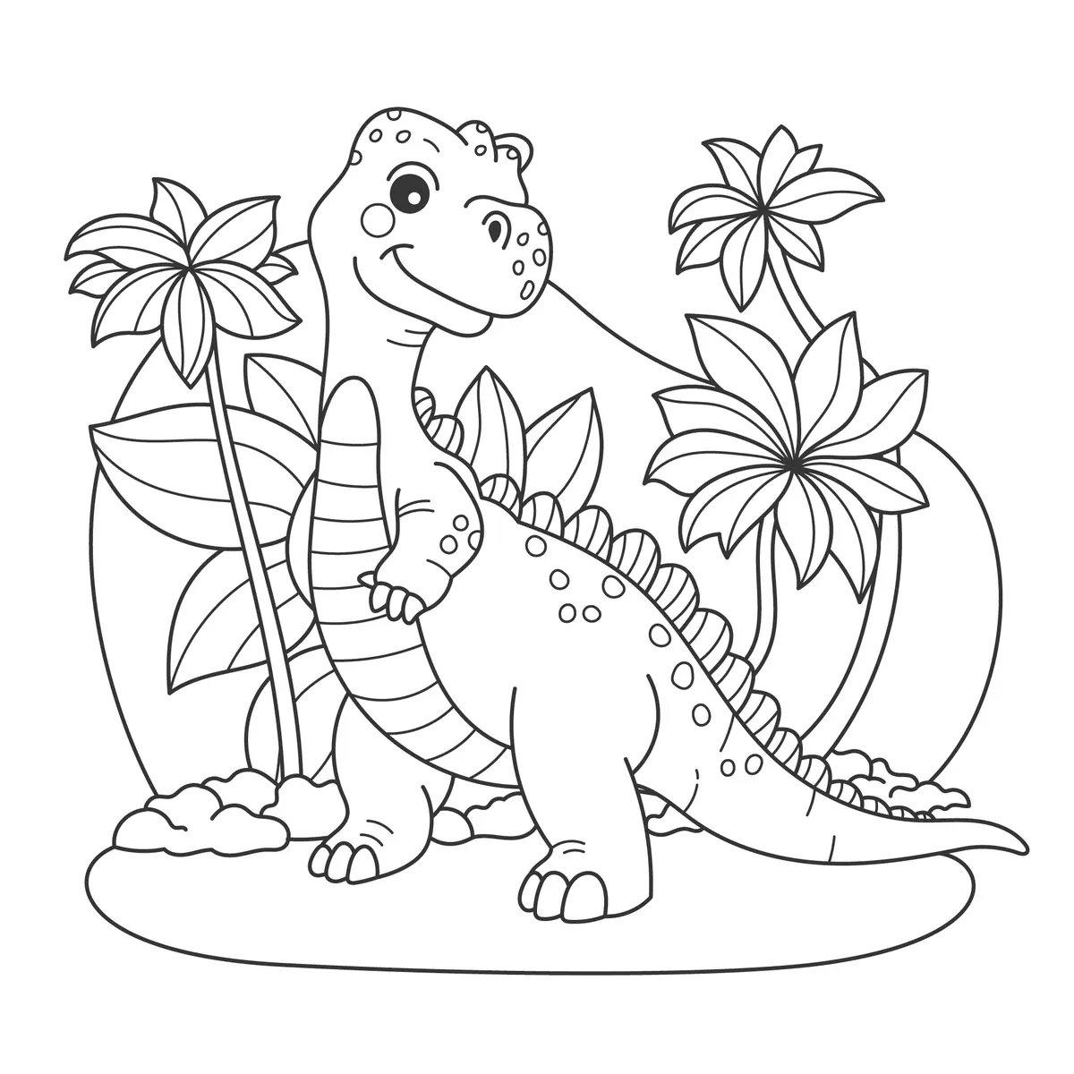 Coloriage T-Rex souriant entre palmiers à imprimer