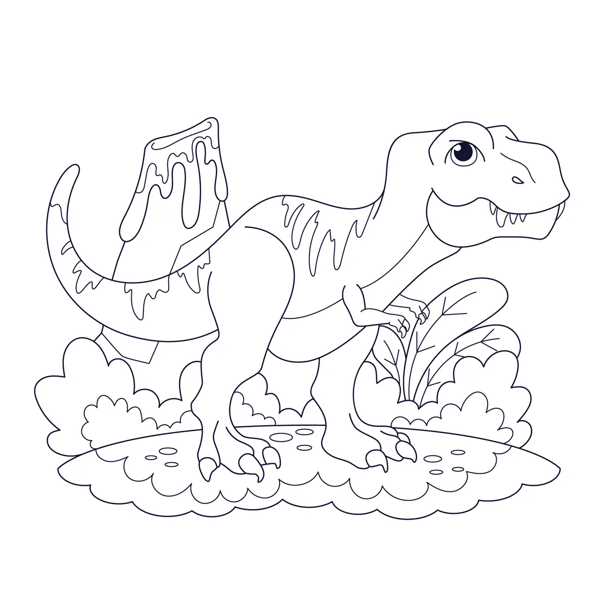 Coloriage T-Rex devant un volcan à imprimer