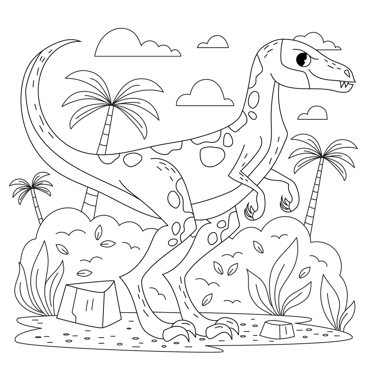 Coloriage vélociraptor dans la jungle à imprimer