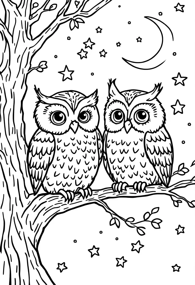 Coloriage duo de hiboux dans la nuit étoilée à imprimer