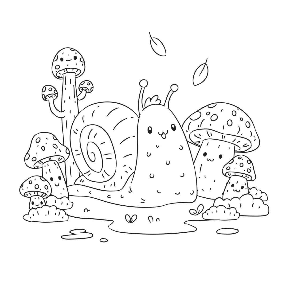 Coloriage escargot et champignons kawaii feuilles d automne a imprimer