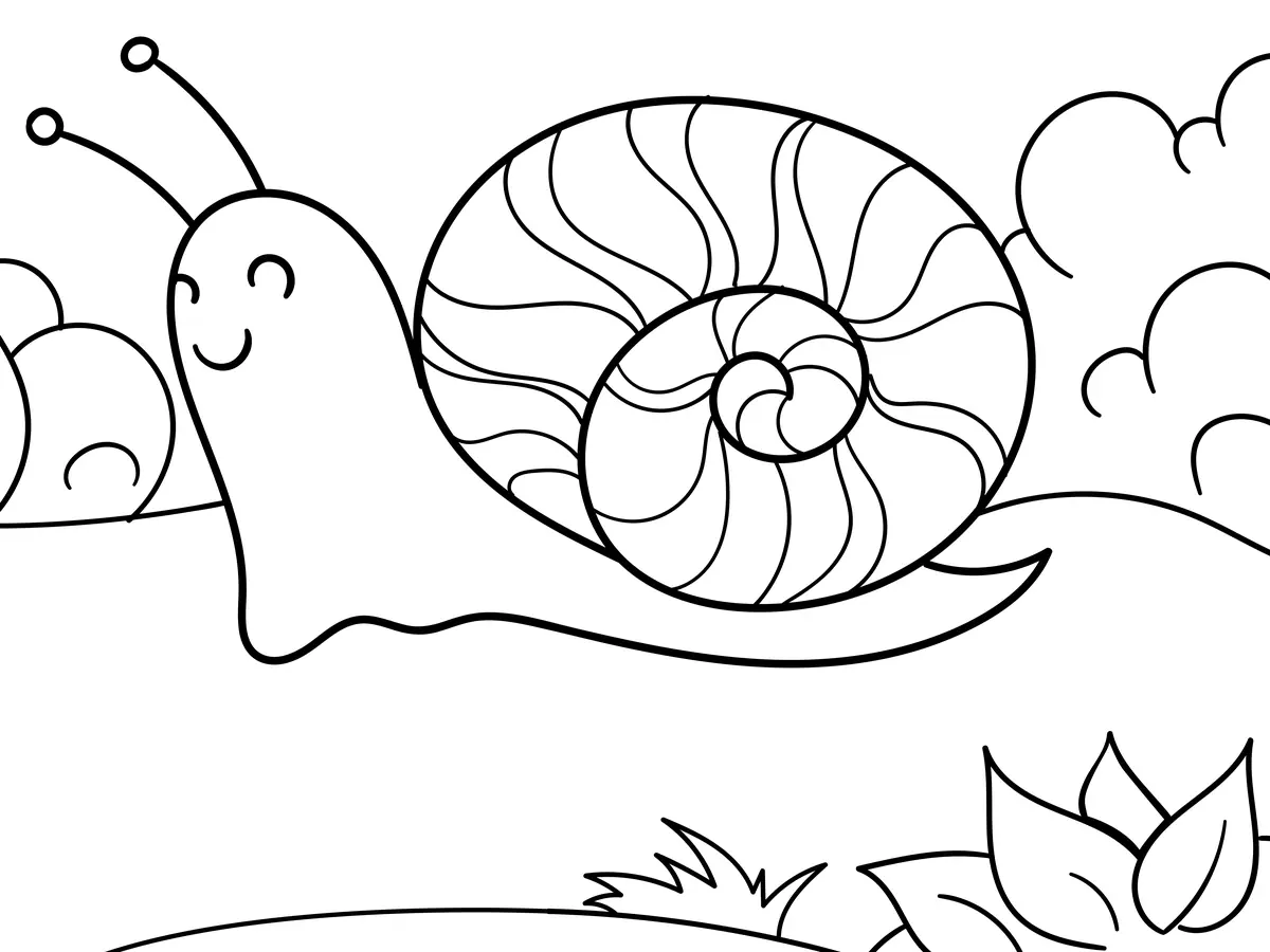 Coloriage escargot souriant avec nuages dans le ciel a imprimer