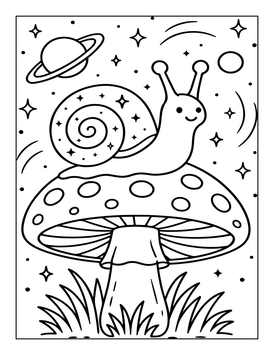 Coloriage escargot dans l espace sur un champignon avec etoiles et planete a imprimer