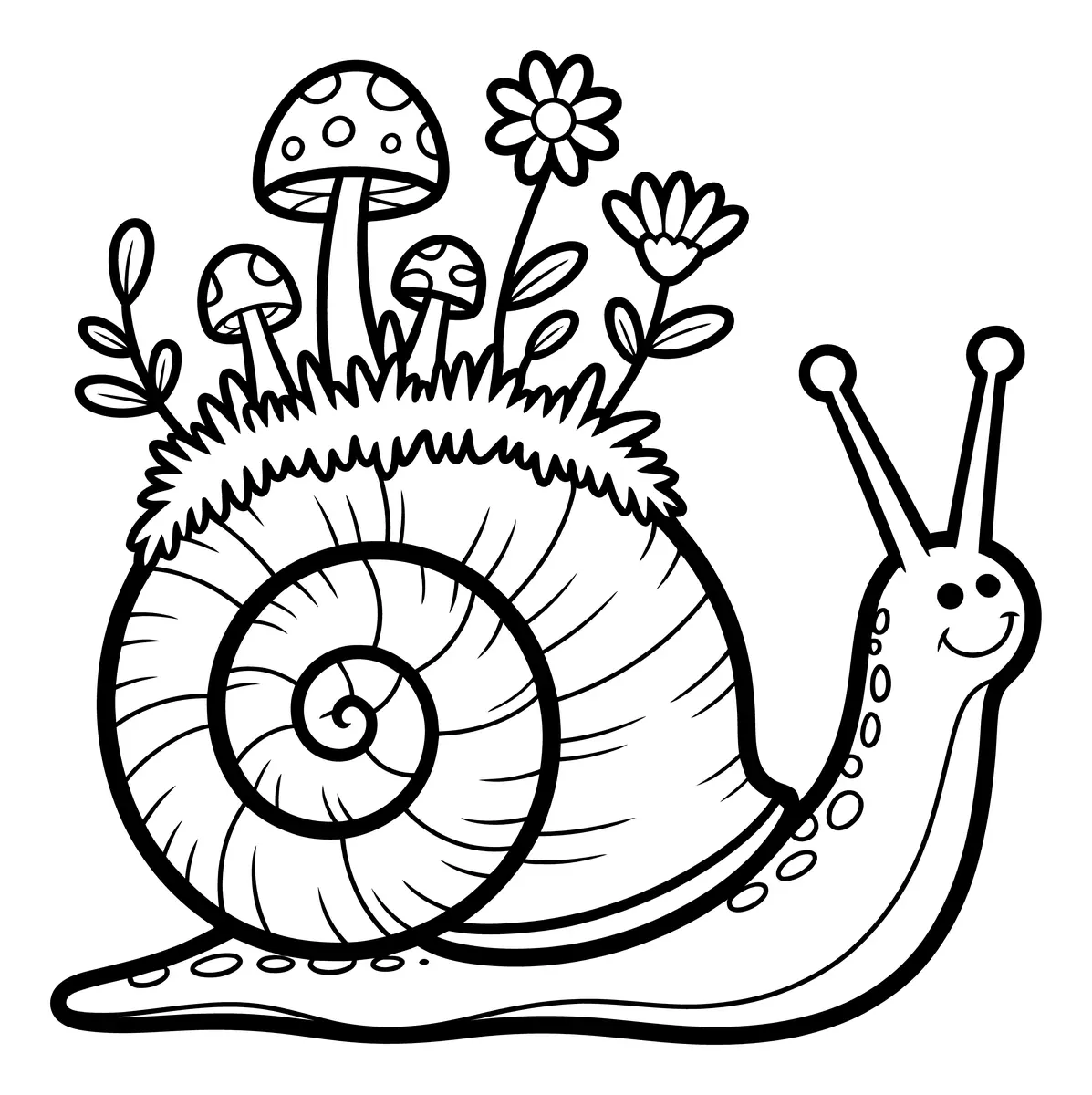 Coloriage escargot avec jardin fleuri sur sa coquille champignons et fleurs a imprimer