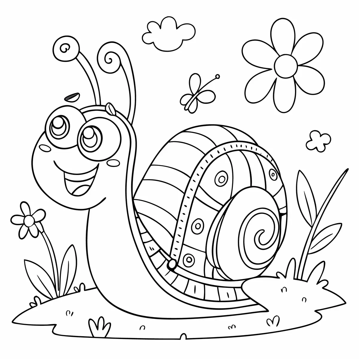 Coloriage escargot rigolo souriant avec papillon et fleurs a imprimer