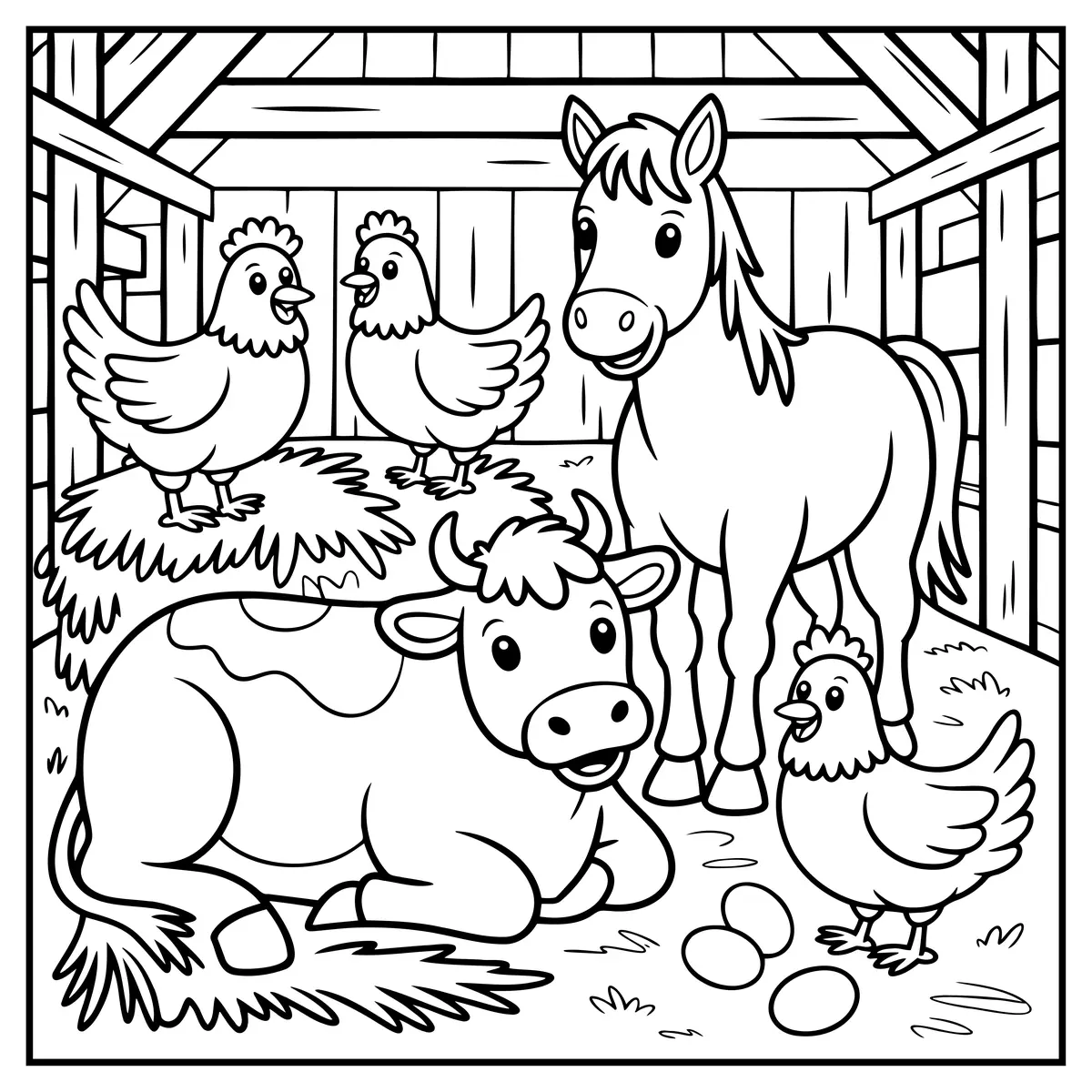 Coloriage étable avec vache couchée, cheval, poules et œufs à imprimer