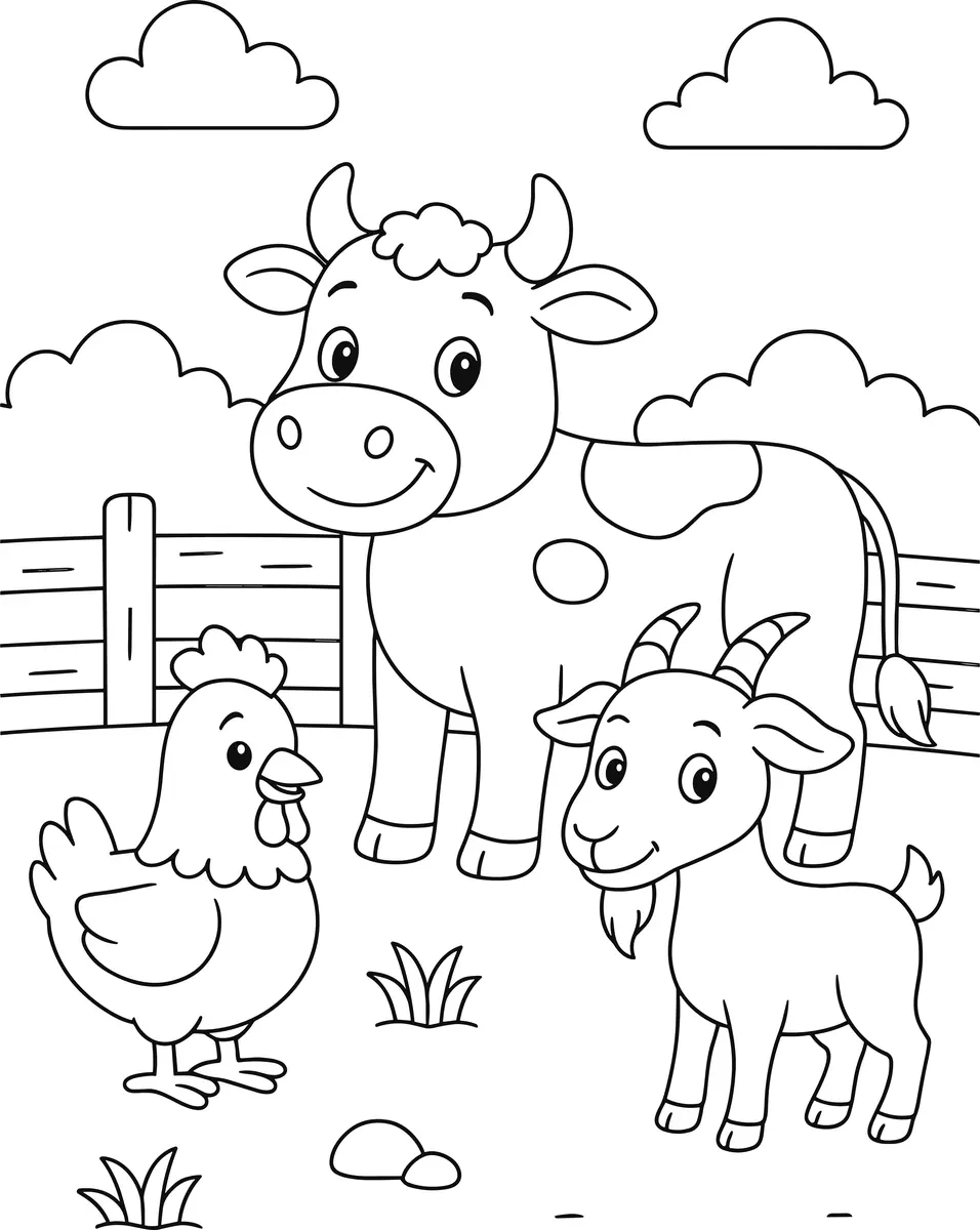 Coloriage vache chèvre poule prairie ferme à imprimer