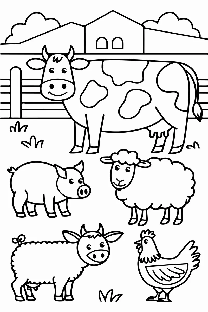 Coloriage vache cochon deux moutons poule à imprimer