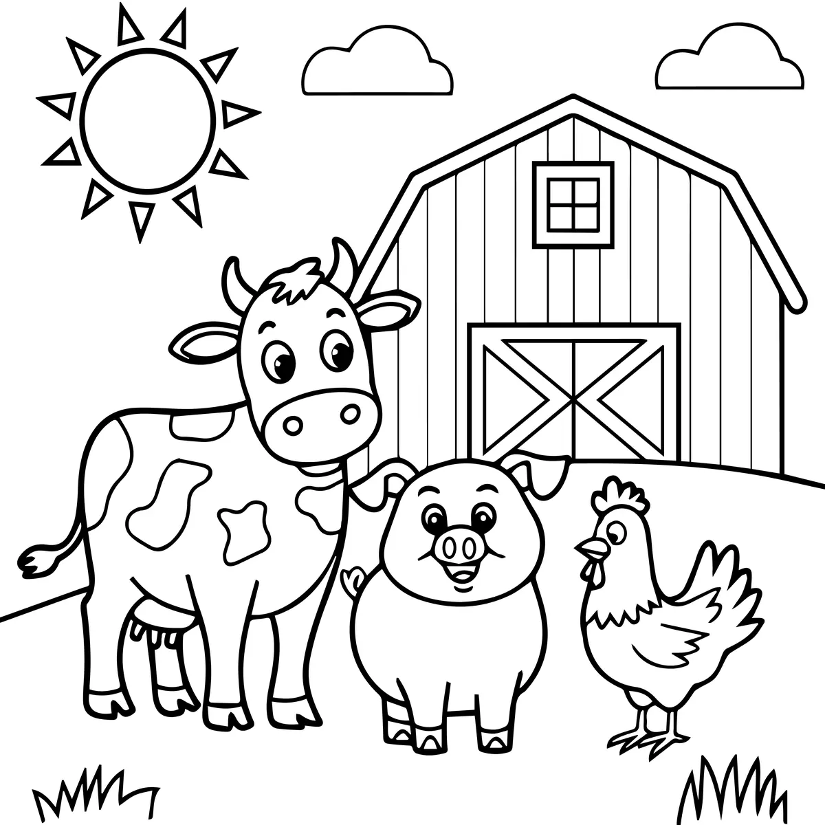 Coloriage vache cochon poule devant la grange de la ferme à imprimer
