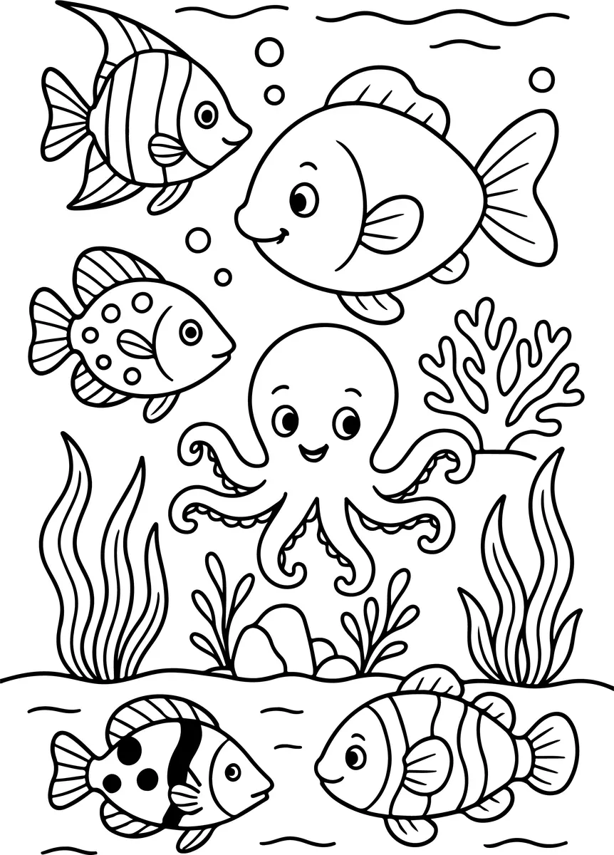Coloriage grand fond marin avec poissons et poulpe à imprimer
