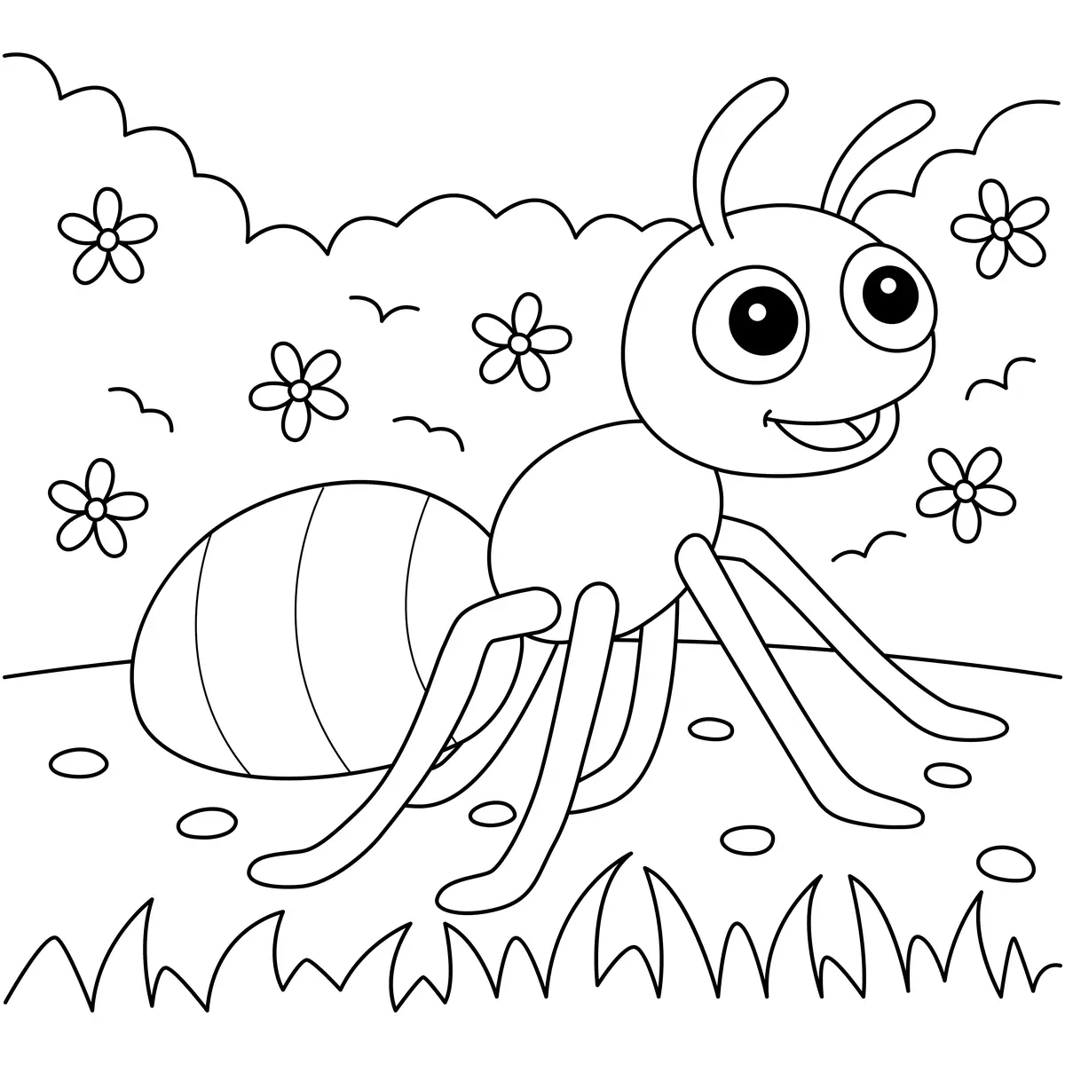 Coloriage fourmi souriante dans un jardin avec fleurs et herbe a imprimer