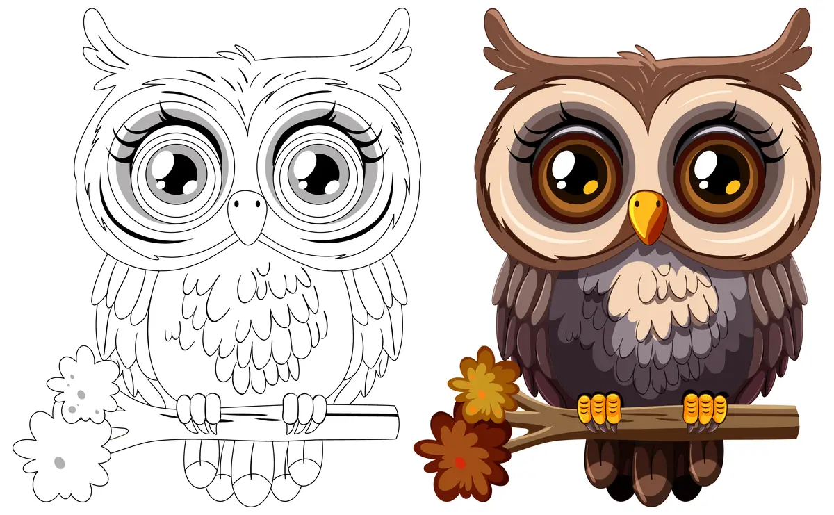 Coloriage grand-duc d'automne avec modèle en couleur à imprimer