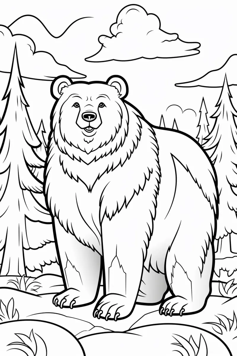 Coloriage grand ours brun dans une clairière à imprimer