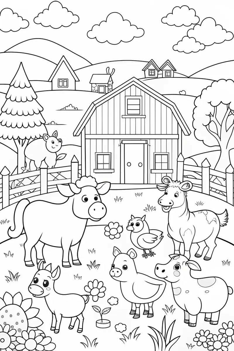 Coloriage grande scène de la ferme avec grange, vaches, cochon et collines à imprimer