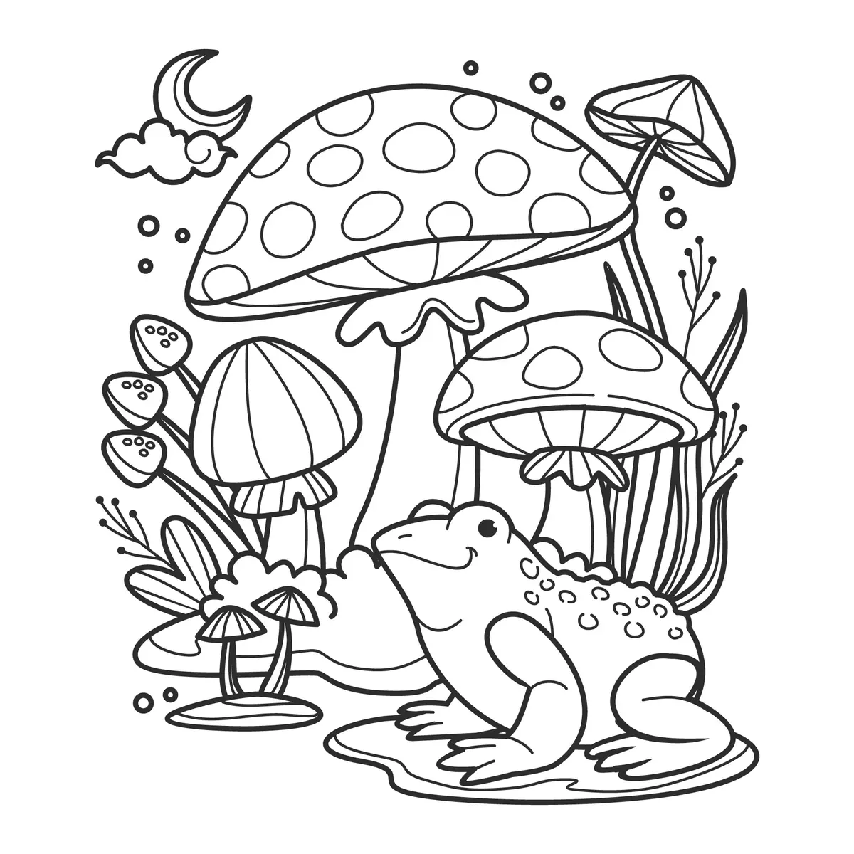 Coloriage grenouille magique avec champignons et lune dans la forêt à imprimer