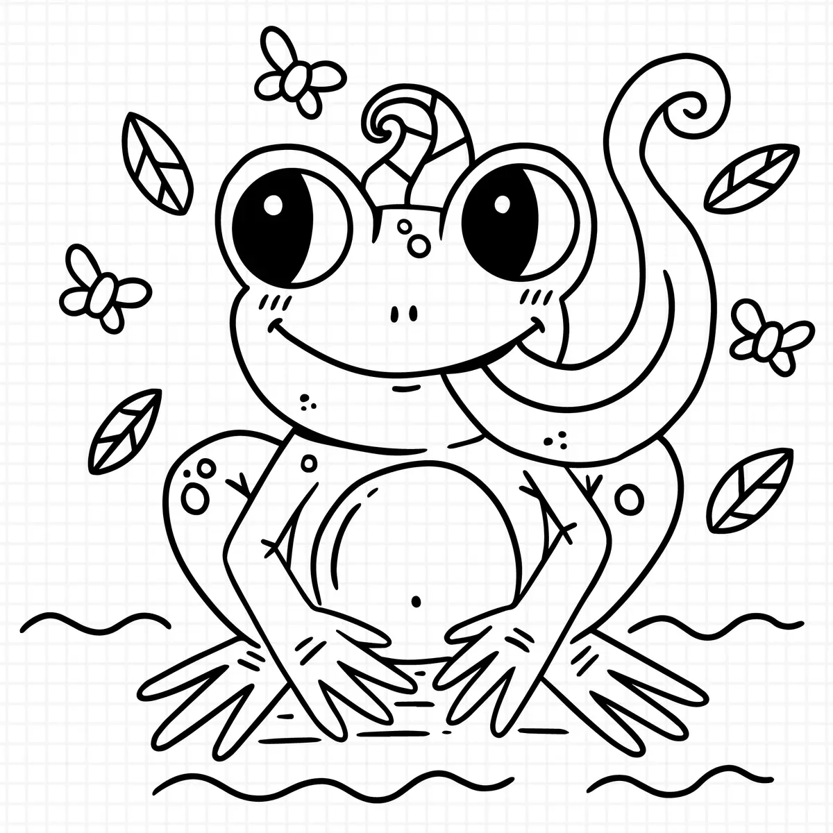 Coloriage grenouille avec chapeau de gnome et papillons à imprimer