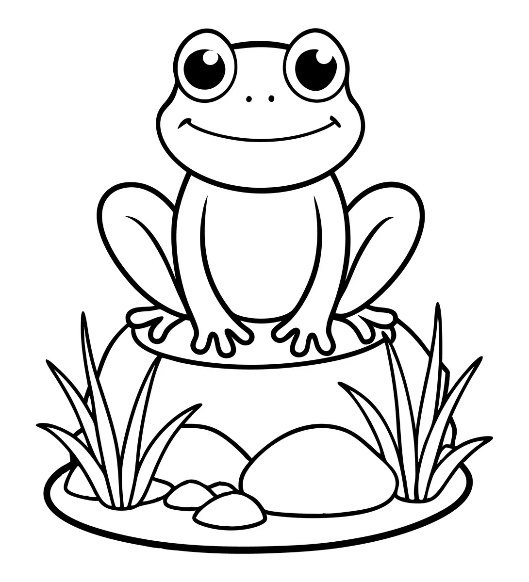 Coloriage petite grenouille mignonne assise entre les roseaux à imprimer
