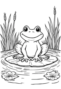 Coloriage grenouille assise sur un nénuphar au bord de l&rsquo;étang avec roseaux à imprimer