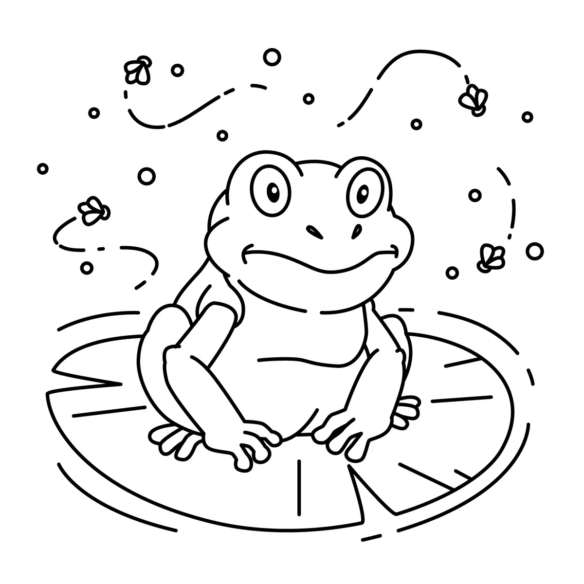 Coloriage grenouille sur nénuphar avec mouches et abeilles à imprimer