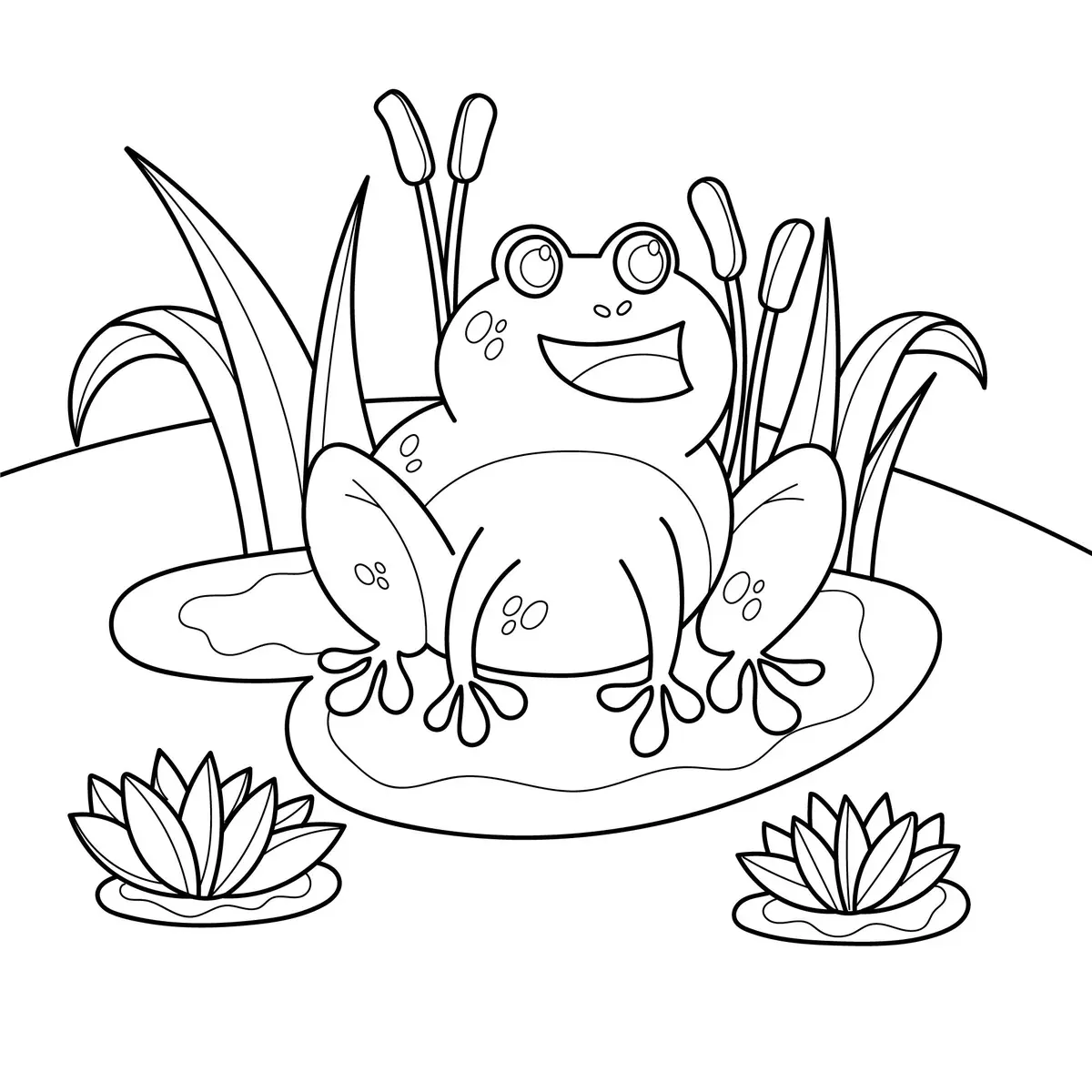 Coloriage grenouille rieuse sur nénuphar avec roseaux et fleurs à imprimer