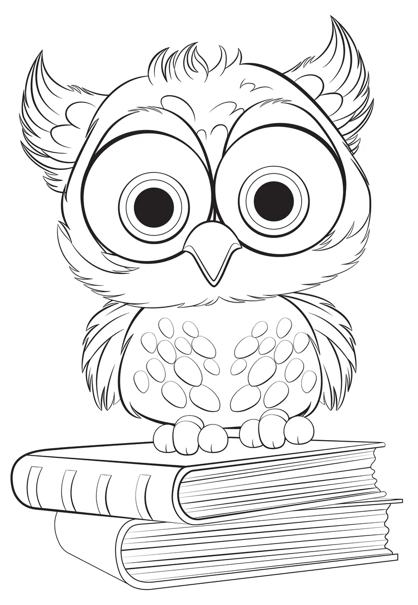 Coloriage bebe hibou avec lunettes pose sur pile de livres a imprimer