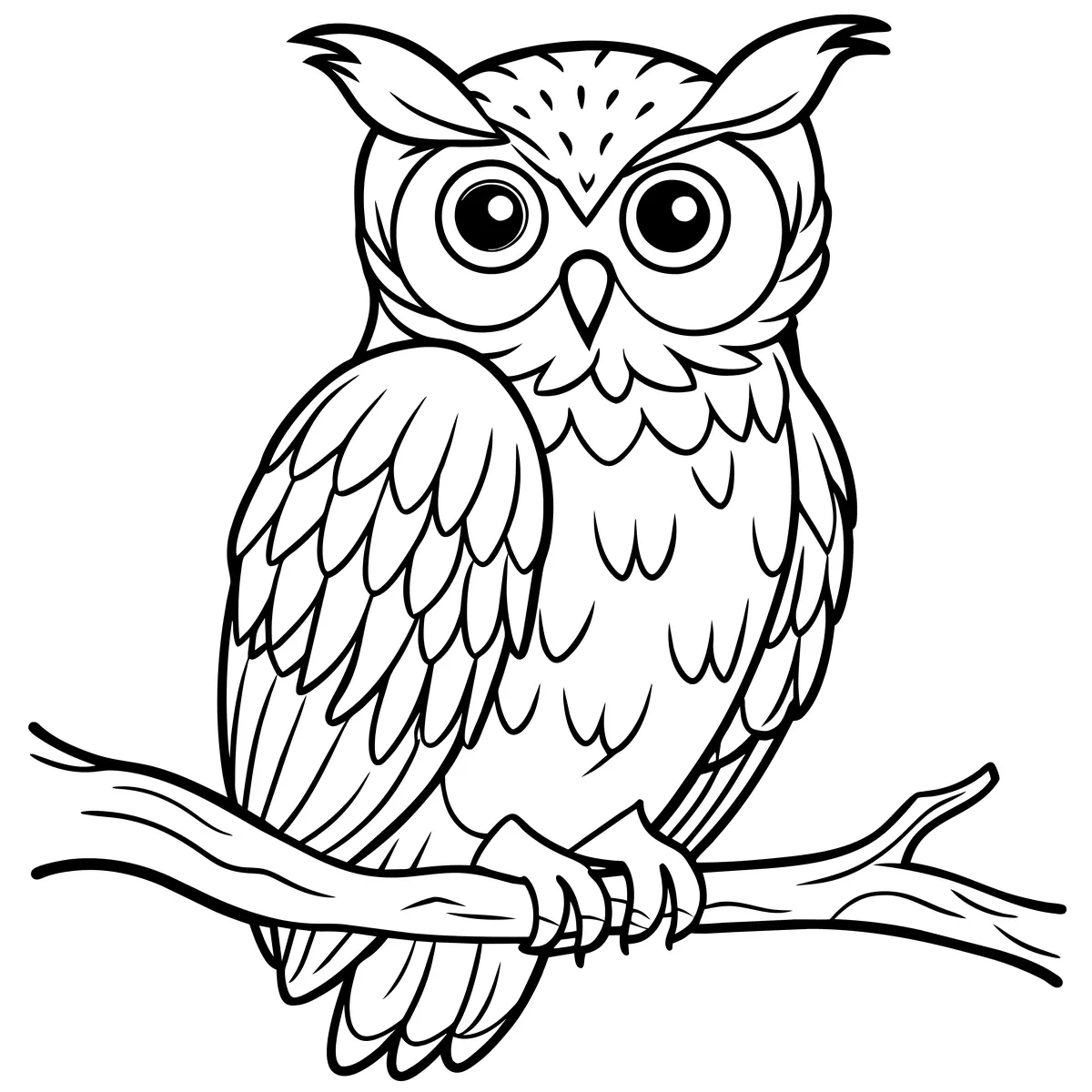 Coloriage hibou cartoon mignon plumes detaillees branche a imprimer