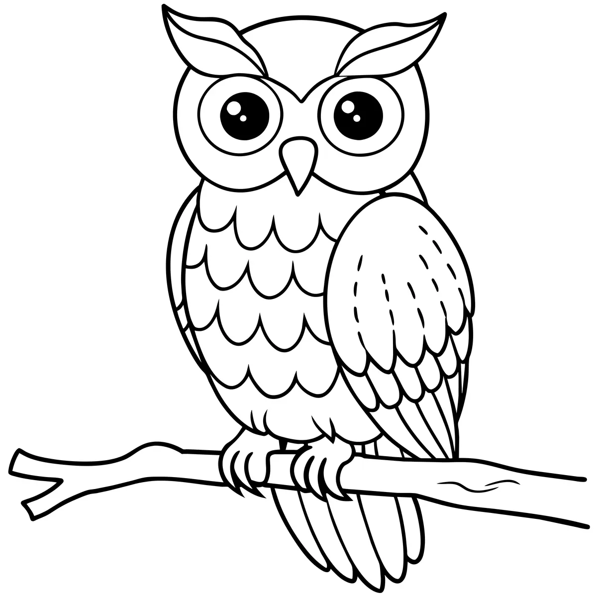 Coloriage hibou cartoon simple grands yeux sur branche a imprimer