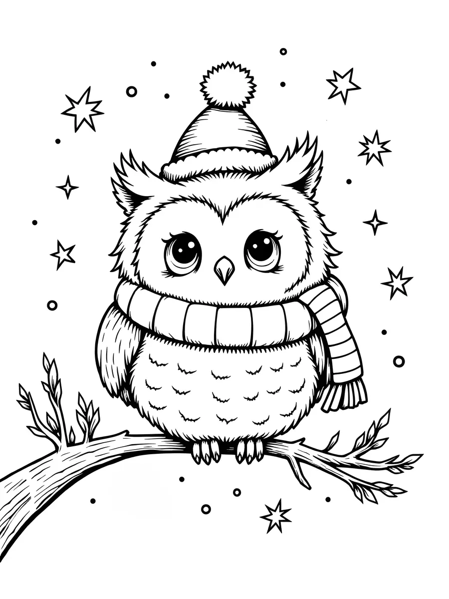 Coloriage hibou avec bonnet a pompon et echarpe rayee branche enneigee a imprimer
