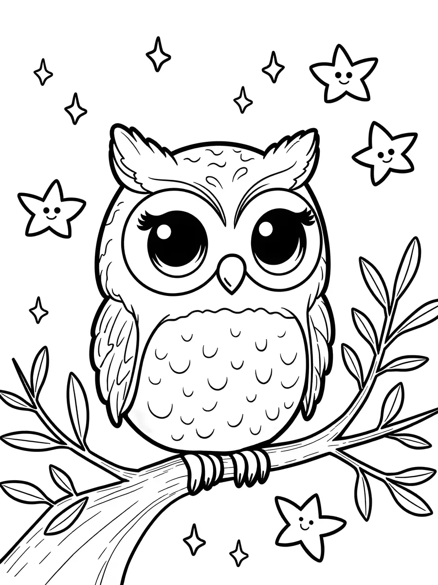 Coloriage hibou kawaii grands yeux entoure d'etoiles souriantes a imprimer